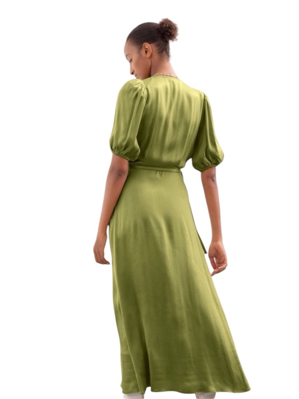 & Other Stories - Satin Wrap Midi Maxi Dress Olive Green Puff Sleeve Sz US 4 - Picture 2 of 9